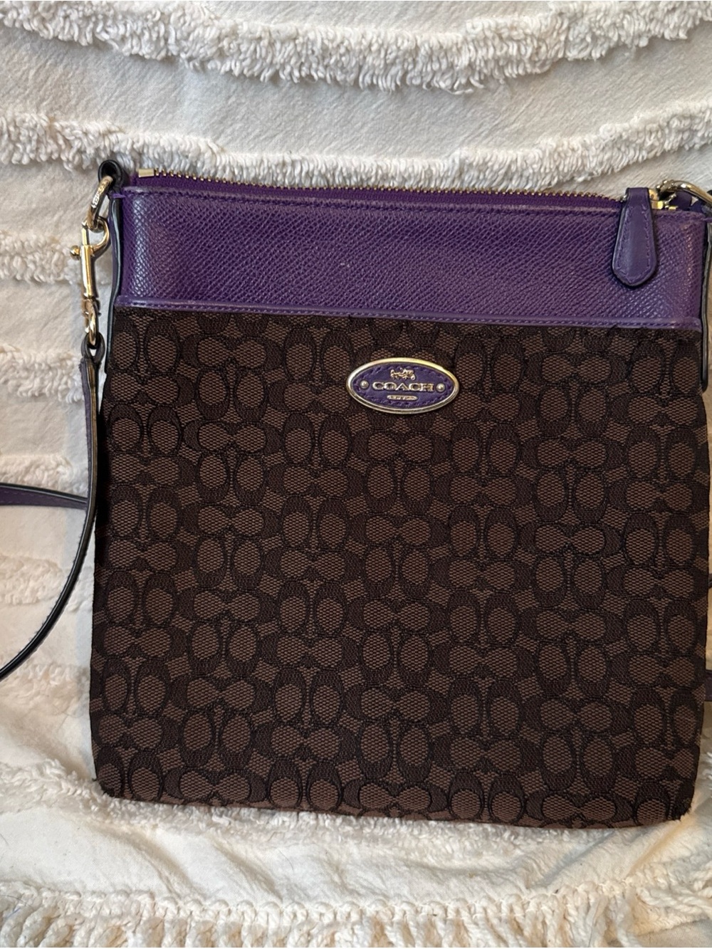 Coach Brown Signature Crossbody with Purple Trim and Gold Hardware 52756